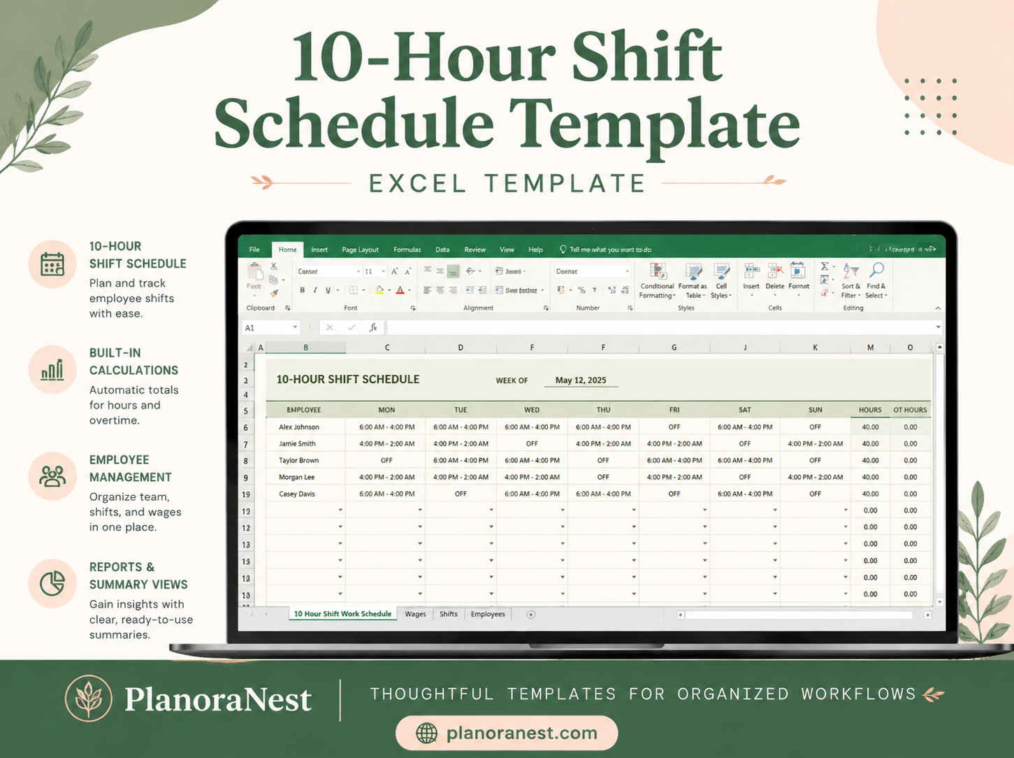 10-hour shift schedule template excel template cover screenshot — PlanoraNest Excel template