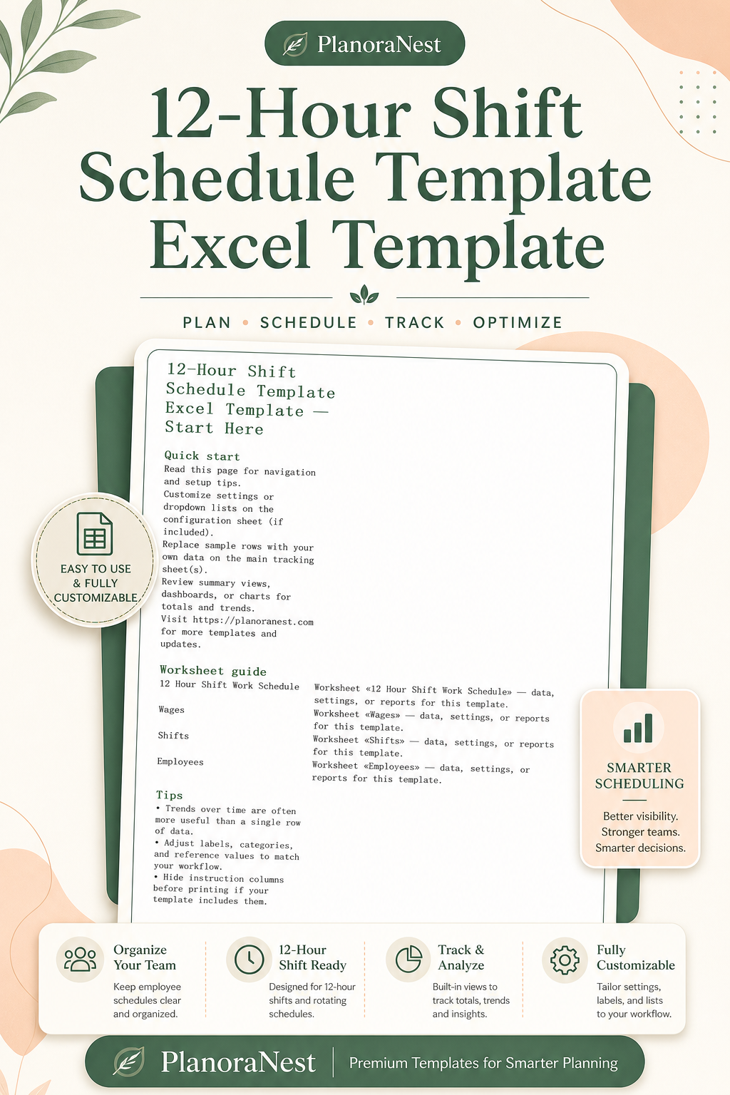 12-hour shift schedule template excel template cover screenshot — PlanoraNest Excel template