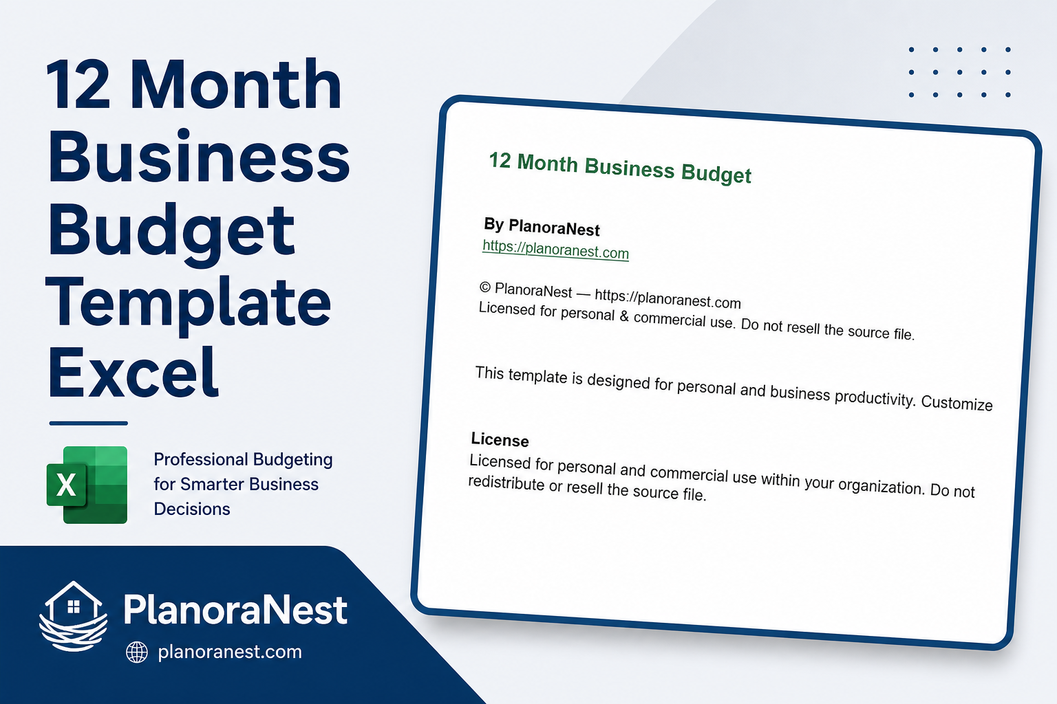 12 month business budget template excel cover screenshot — PlanoraNest Excel template