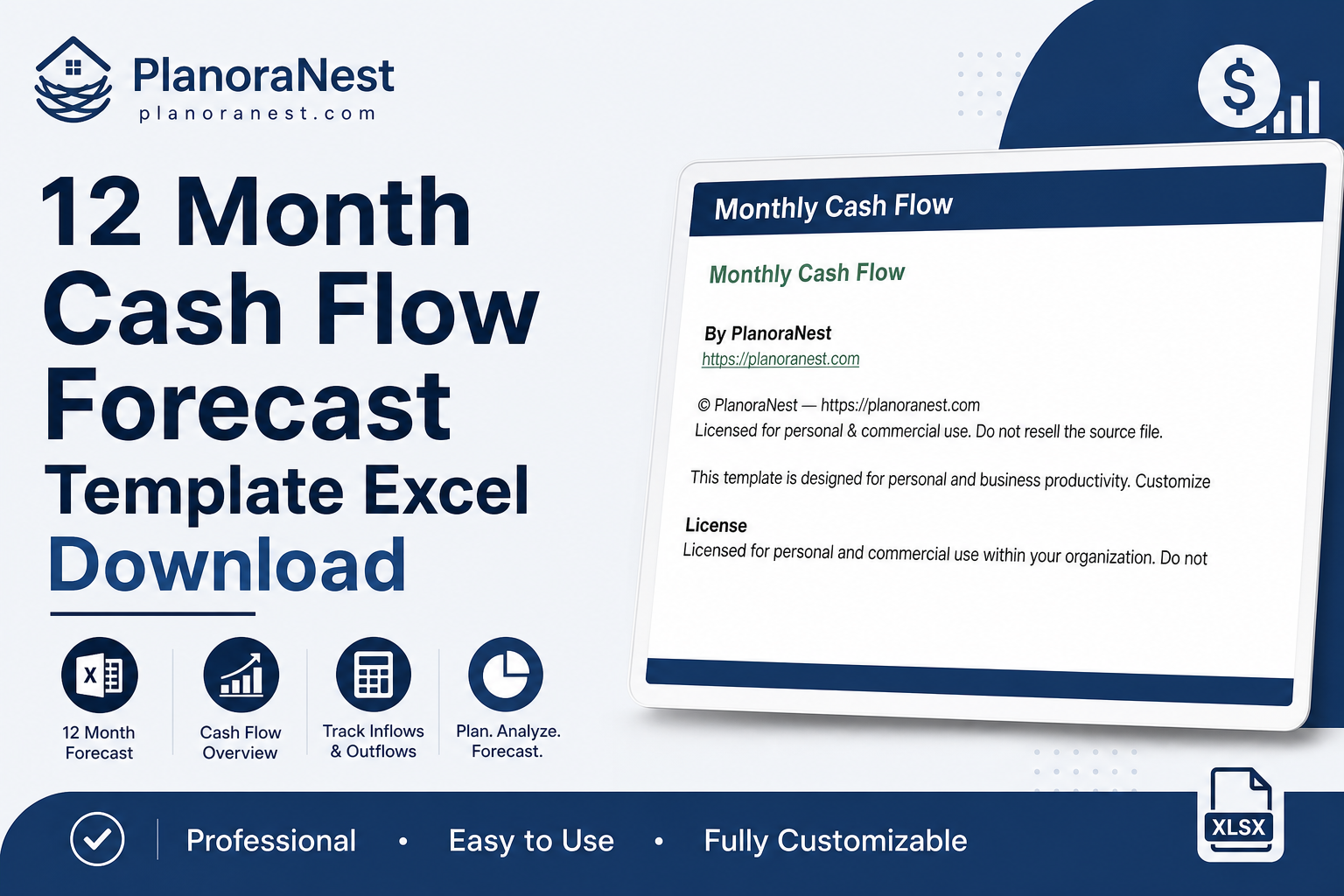12 month cash flow forecast template excel download cover screenshot — PlanoraNest Excel template