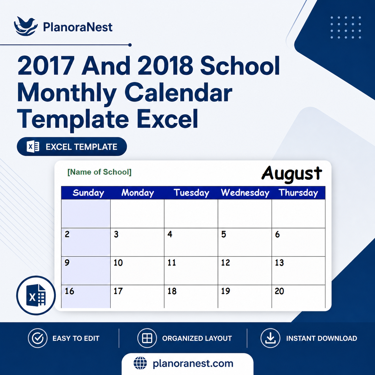2017 and 2018 school monthly calendar template excel cover screenshot — PlanoraNest Excel template