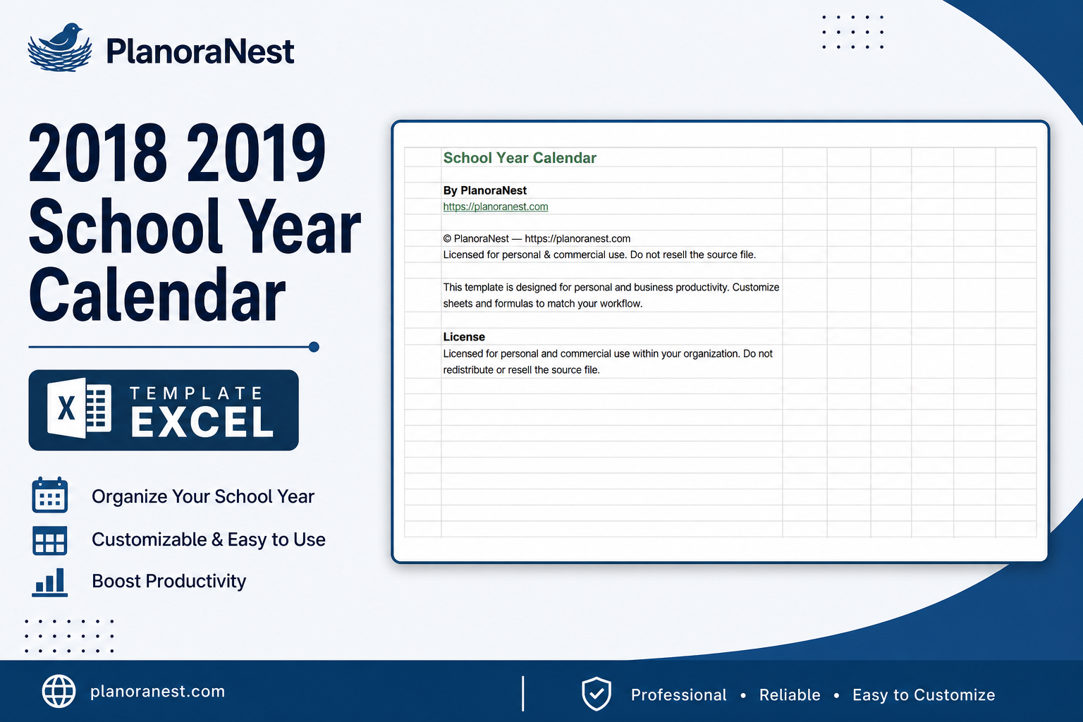 2018 2019 school year calendar template excel cover screenshot — PlanoraNest Excel template