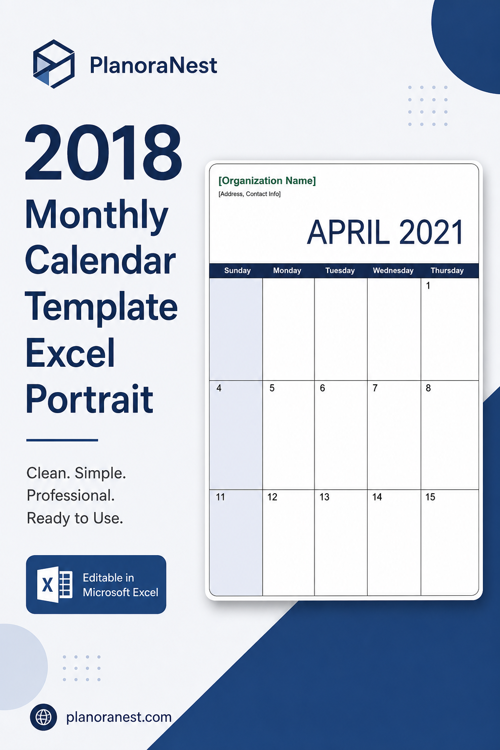 2018 monthly calendar template excel portrait cover screenshot — PlanoraNest Excel template