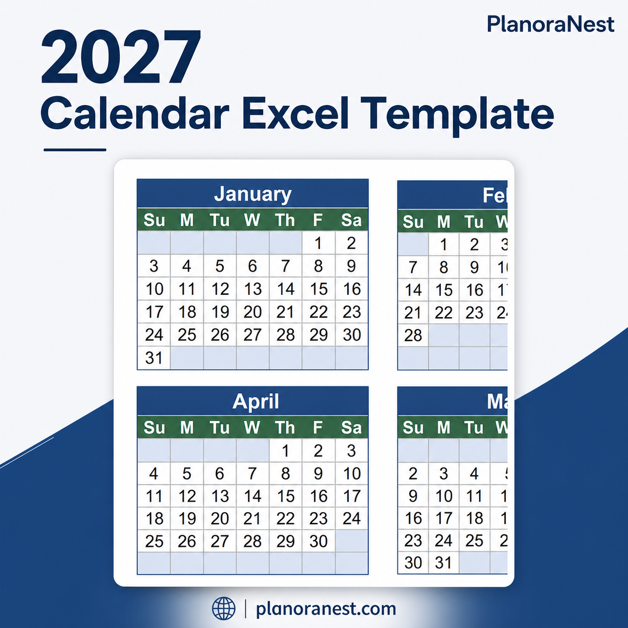 2027 calendar excel template cover screenshot — PlanoraNest Excel template