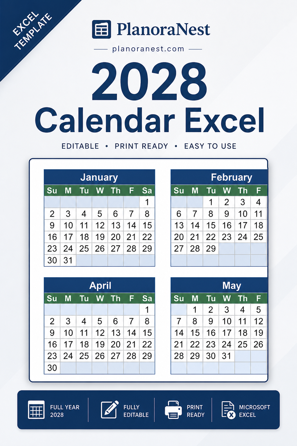 2028 calendar excel cover screenshot — PlanoraNest Excel template