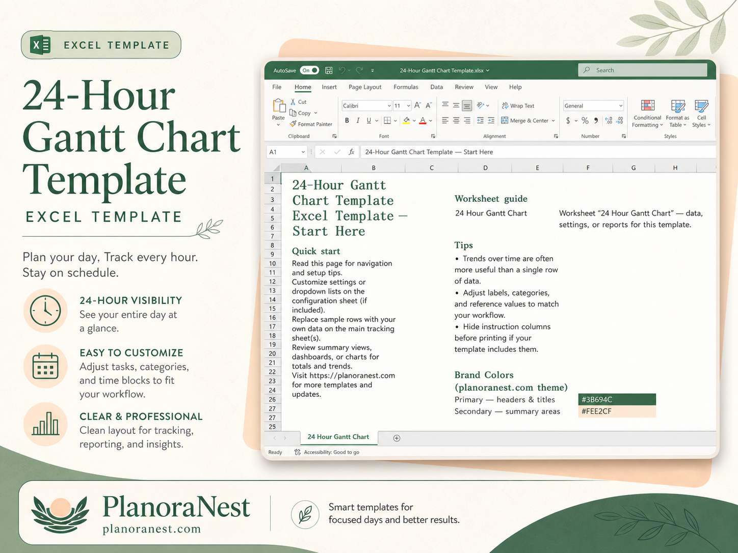 24-hour gantt chart template excel template cover screenshot — PlanoraNest Excel template