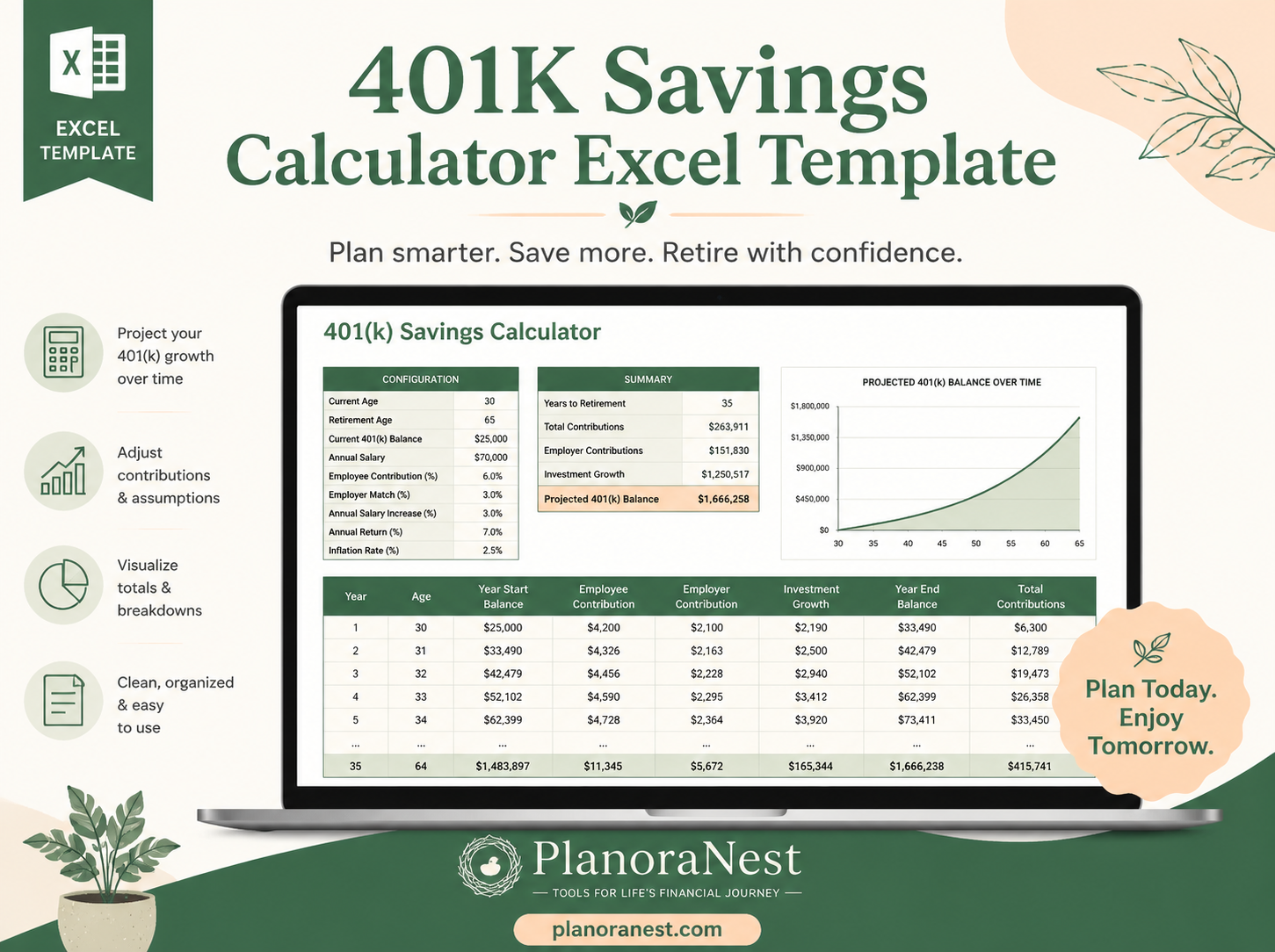 401k savings calculator excel template cover screenshot — PlanoraNest Excel template
