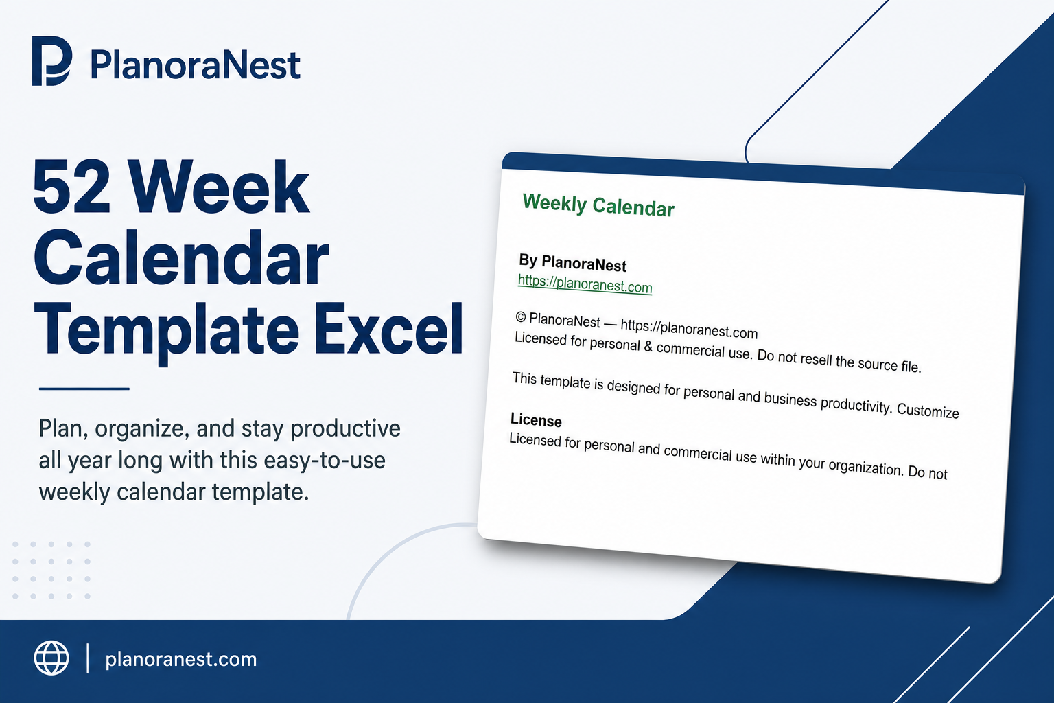 52 week calendar template excel cover screenshot — PlanoraNest Excel template