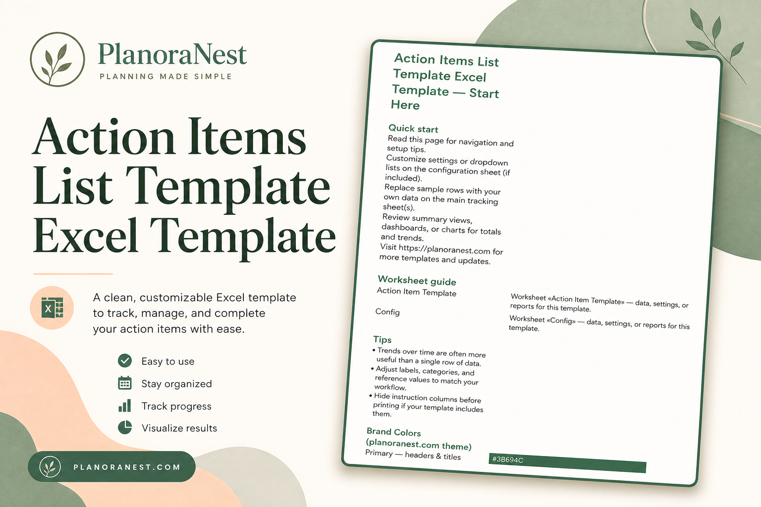 action items list template excel template cover screenshot — PlanoraNest Excel template