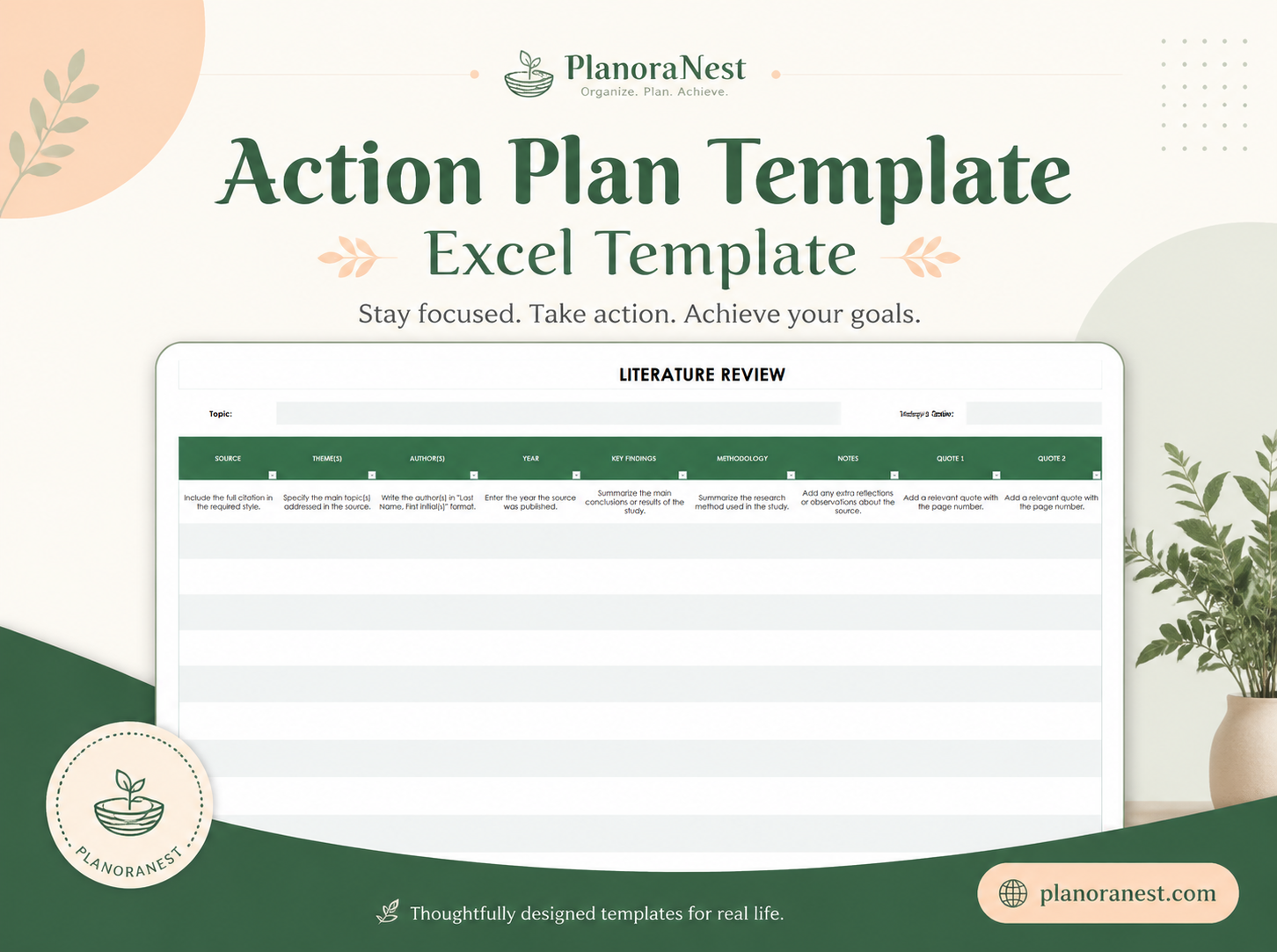action plan template excel template cover screenshot — PlanoraNest Excel template