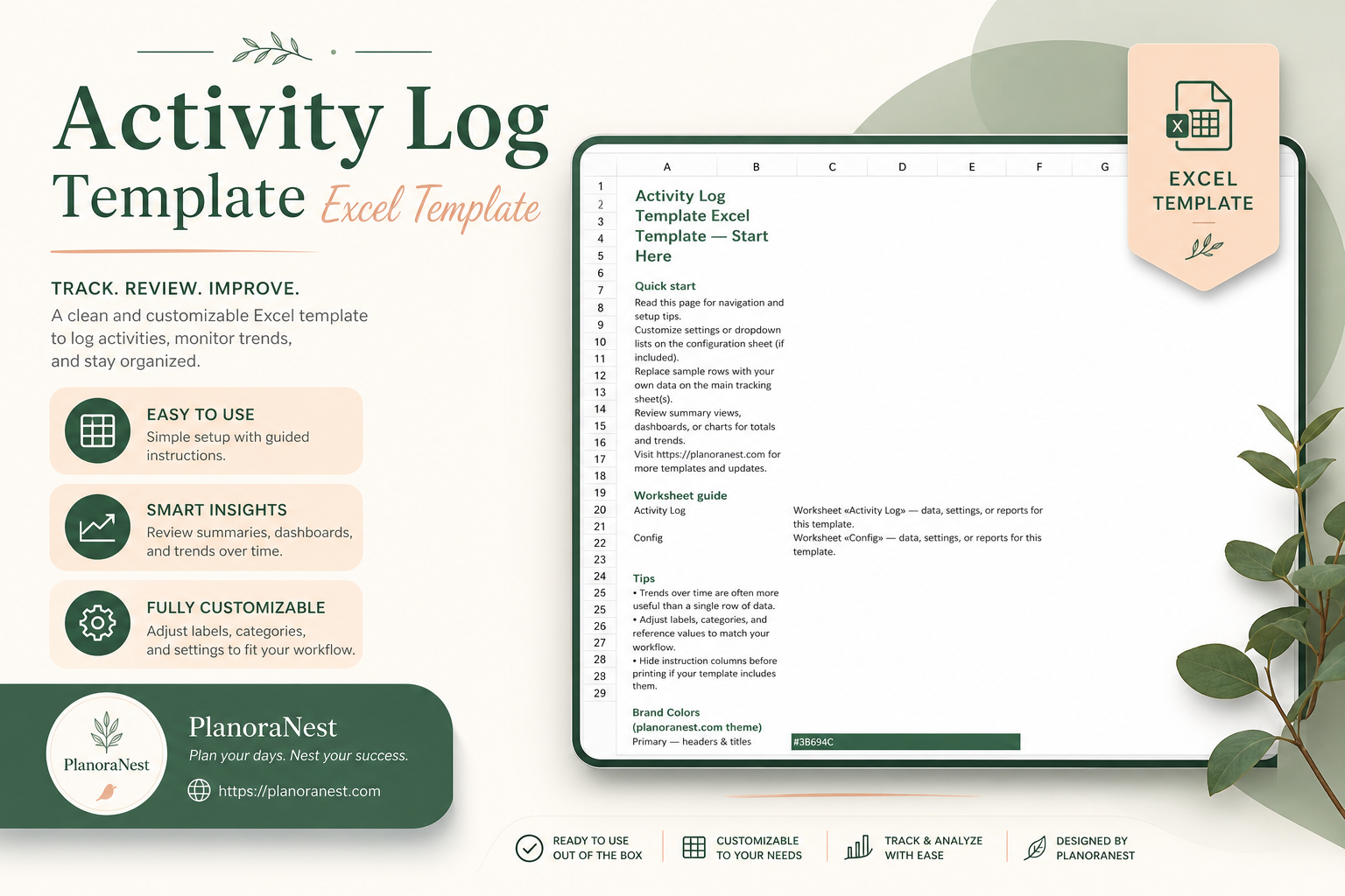activity log template excel template cover screenshot — PlanoraNest Excel template