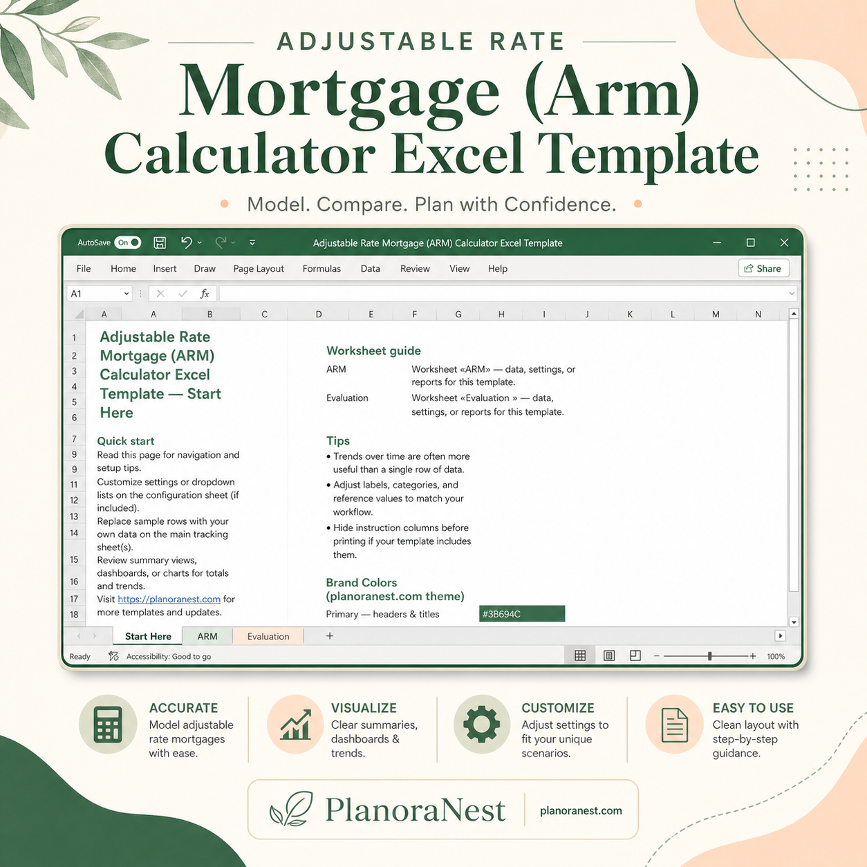 adjustable rate mortgage (arm) calculator excel template cover screenshot — PlanoraNest Excel template