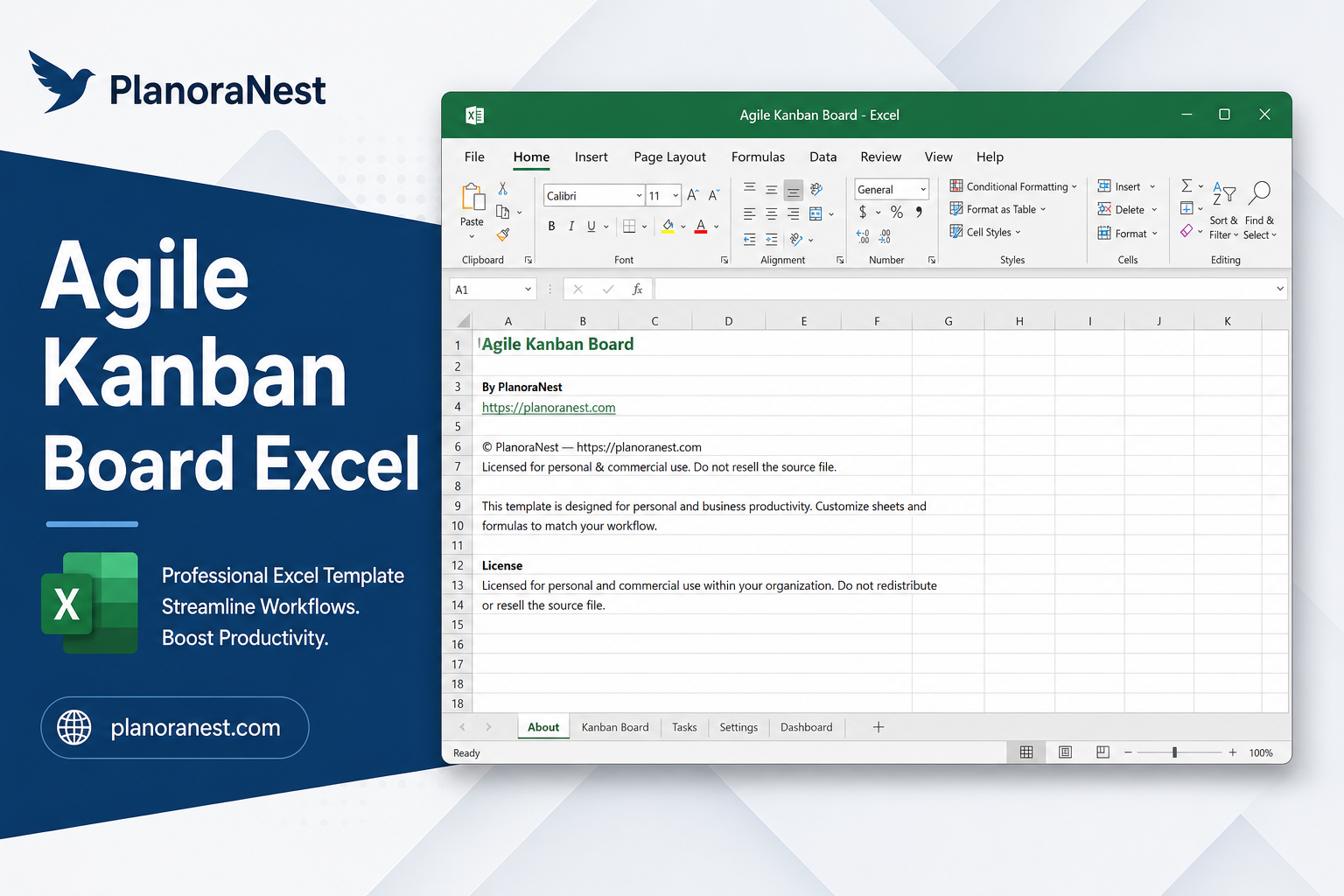 agile kanban board excel cover screenshot — PlanoraNest Excel template