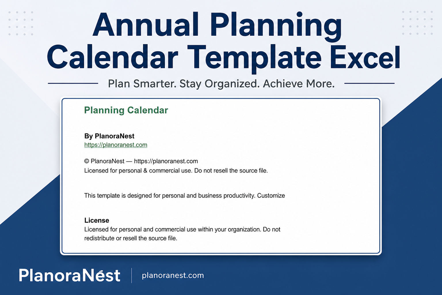 annual planning calendar template excel cover screenshot — PlanoraNest Excel template