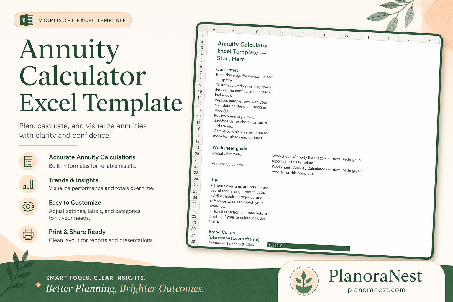 annuity calculator excel template cover screenshot — PlanoraNest Excel template