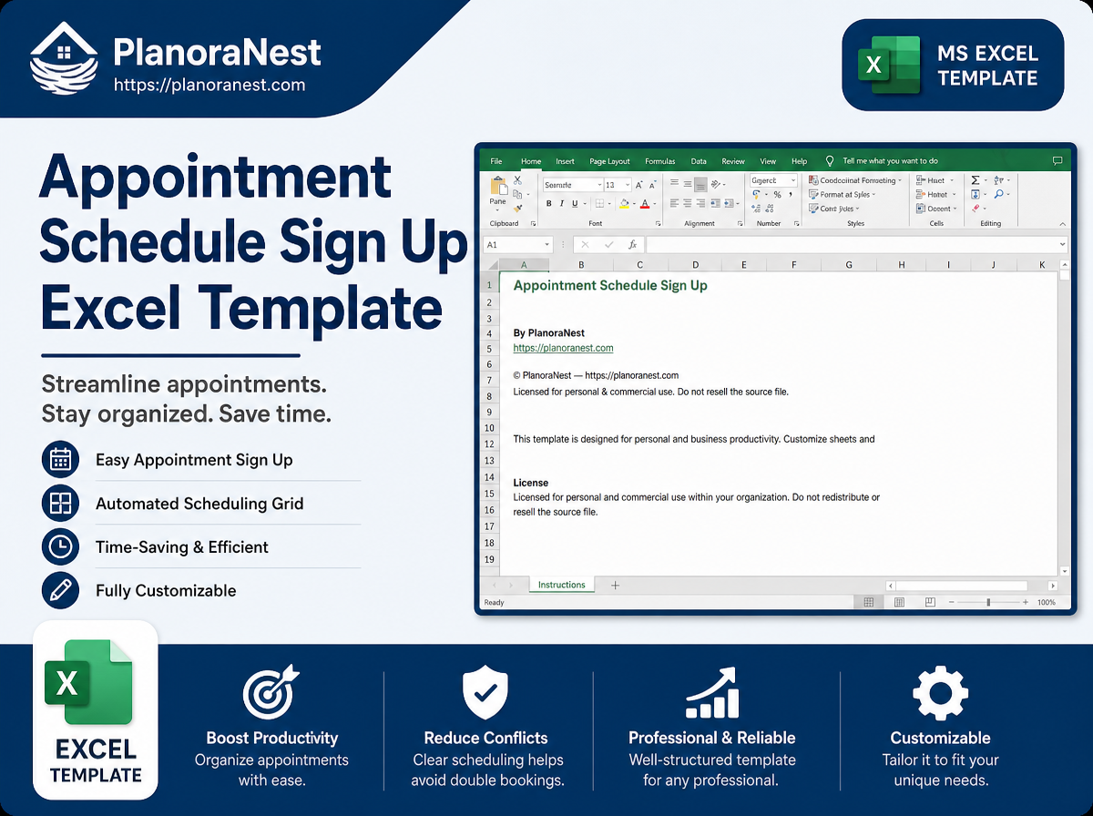 appointment schedule sign up excel template cover screenshot — PlanoraNest Excel template