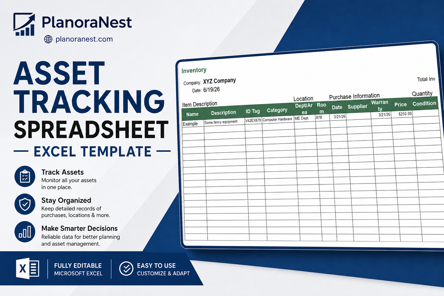 asset tracking spreadsheet excel template cover screenshot — PlanoraNest Excel template