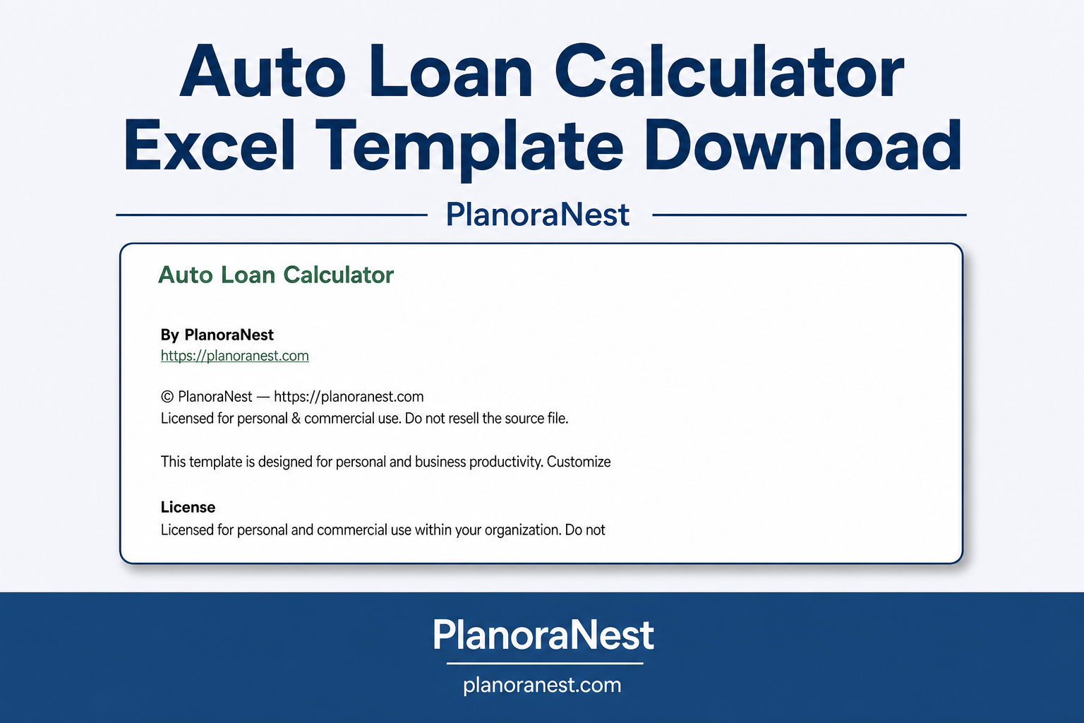 auto loan calculator excel template download cover screenshot — PlanoraNest Excel template