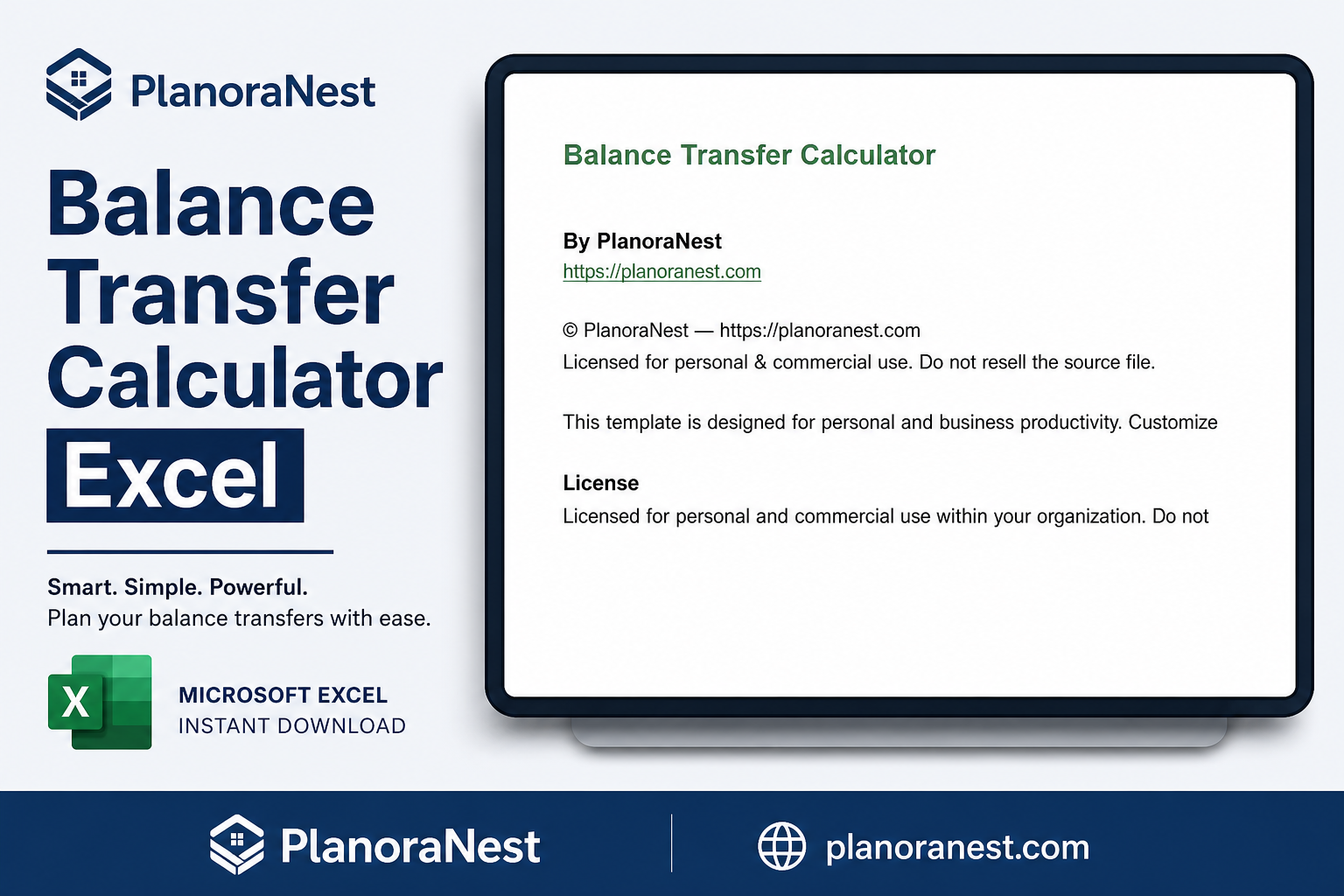 balance transfer calculator excel cover screenshot — PlanoraNest Excel template