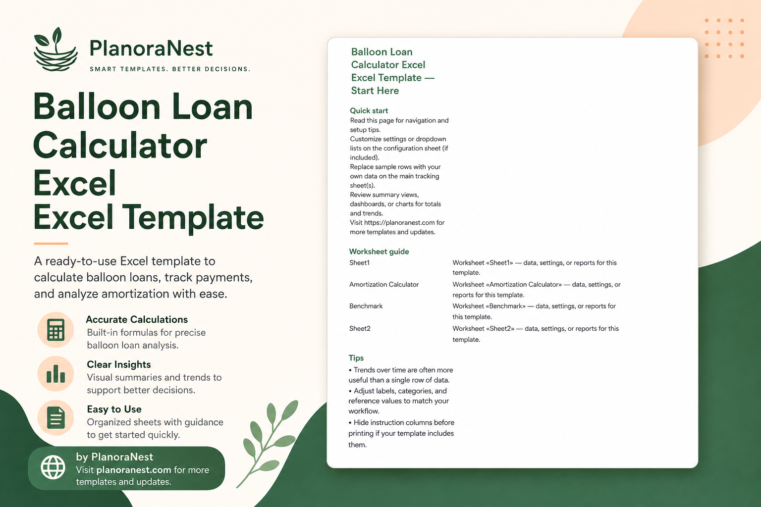 balloon loan calculator excel excel template cover screenshot — PlanoraNest Excel template