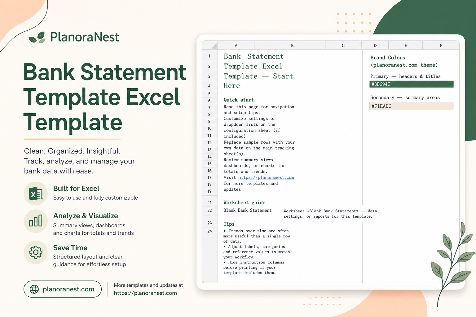 bank statement template excel template cover screenshot — PlanoraNest Excel template