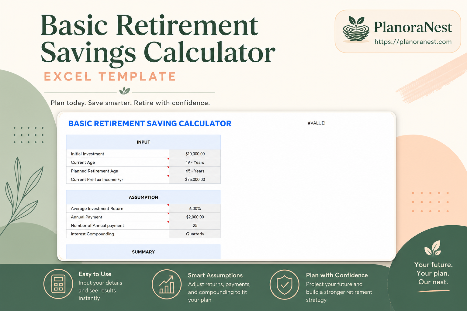 basic retirement savings calculator excel template cover screenshot — PlanoraNest Excel template