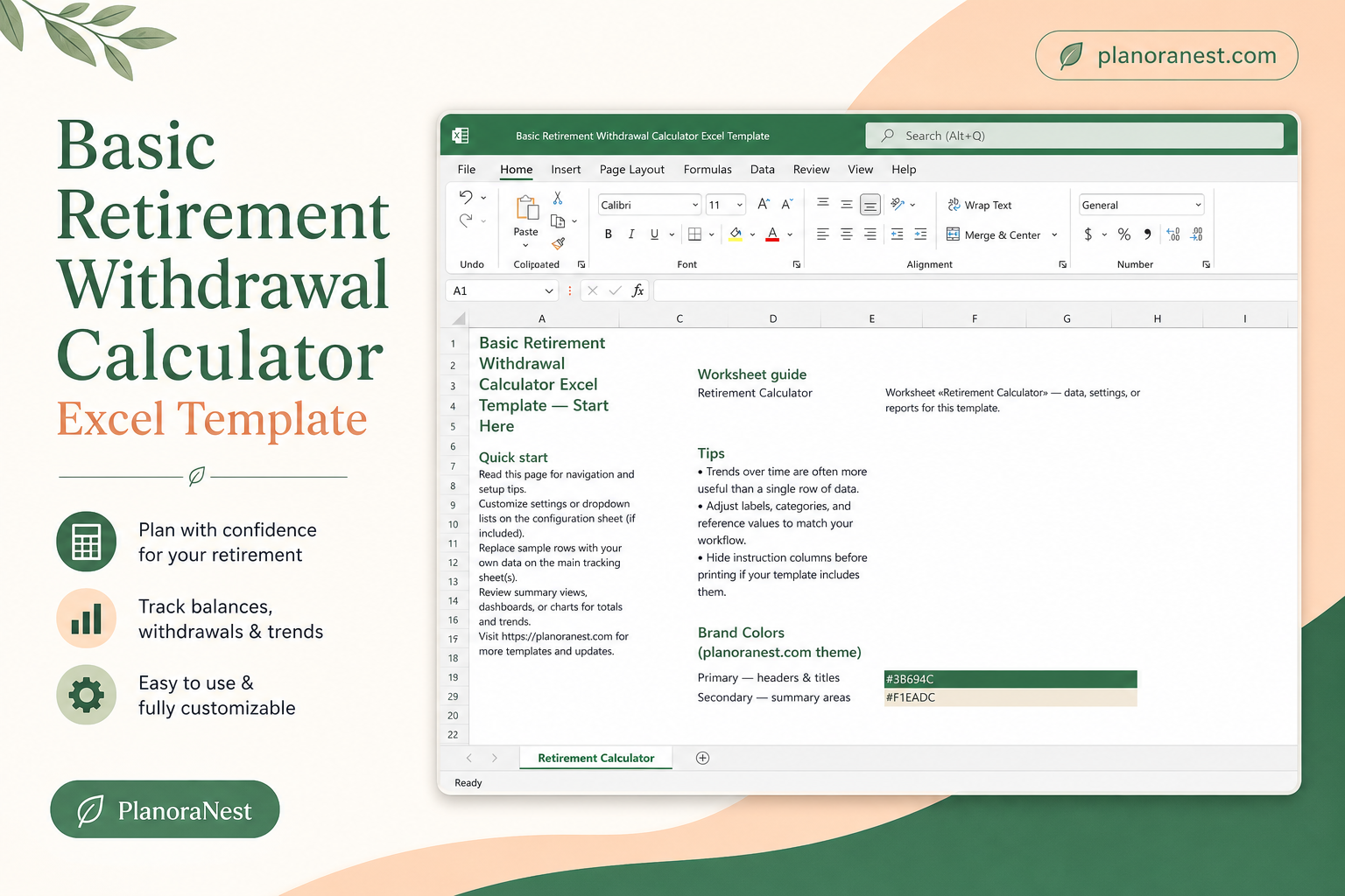 basic retirement withdrawal calculator excel template cover screenshot — PlanoraNest Excel template