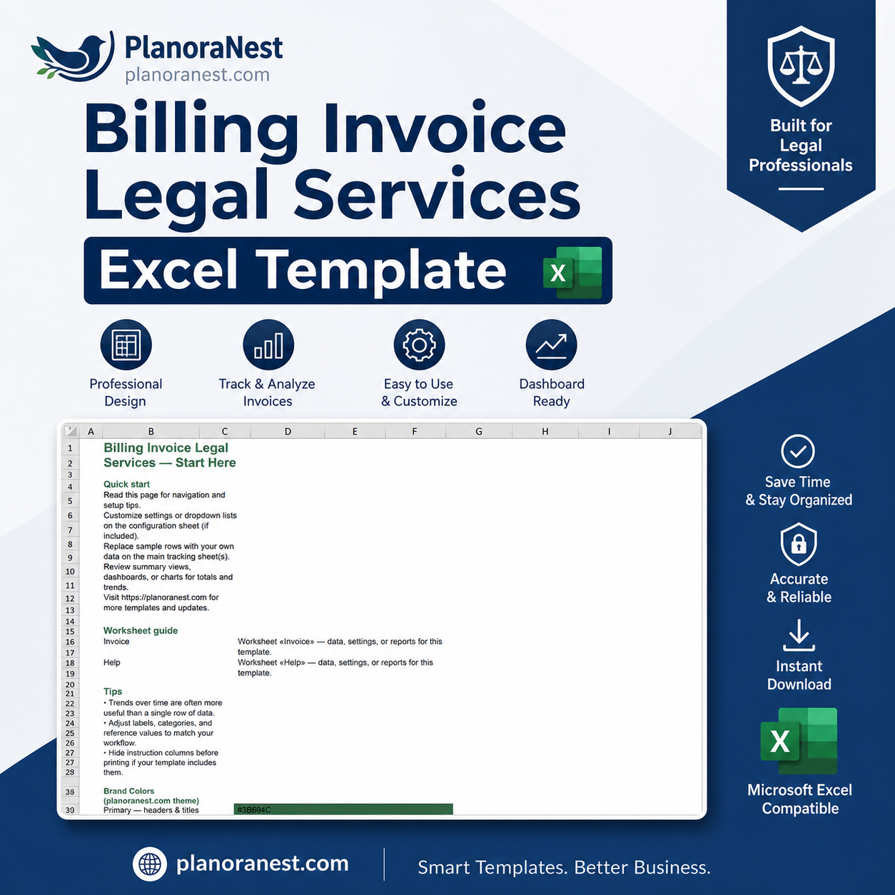 billing invoice legal services excel template cover screenshot — PlanoraNest Excel template