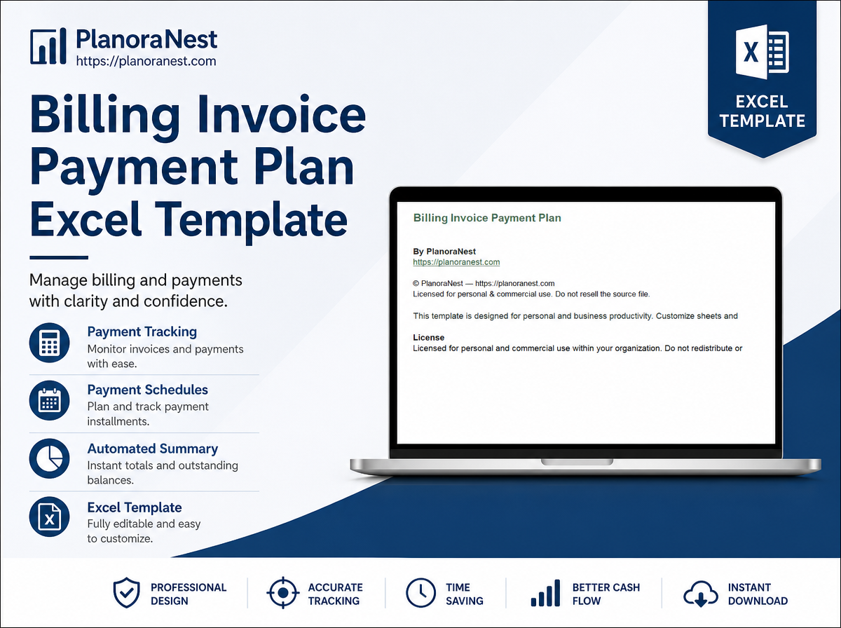 billing invoice payment plan excel template cover screenshot — PlanoraNest Excel template