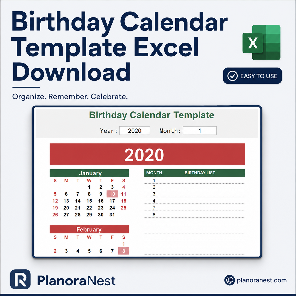 birthday calendar template excel download cover screenshot — PlanoraNest Excel template