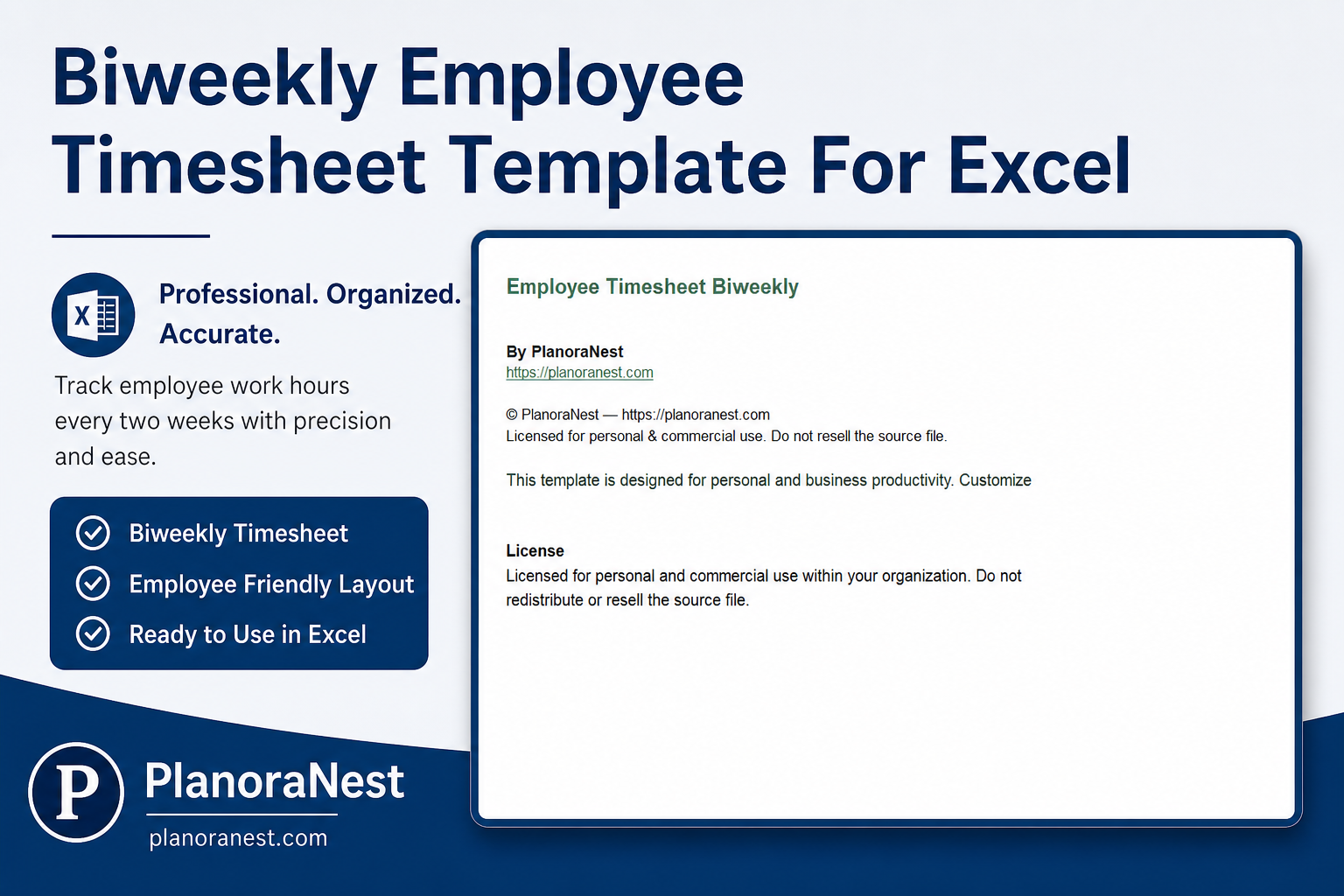 biweekly employee timesheet template for excel cover screenshot — PlanoraNest Excel template