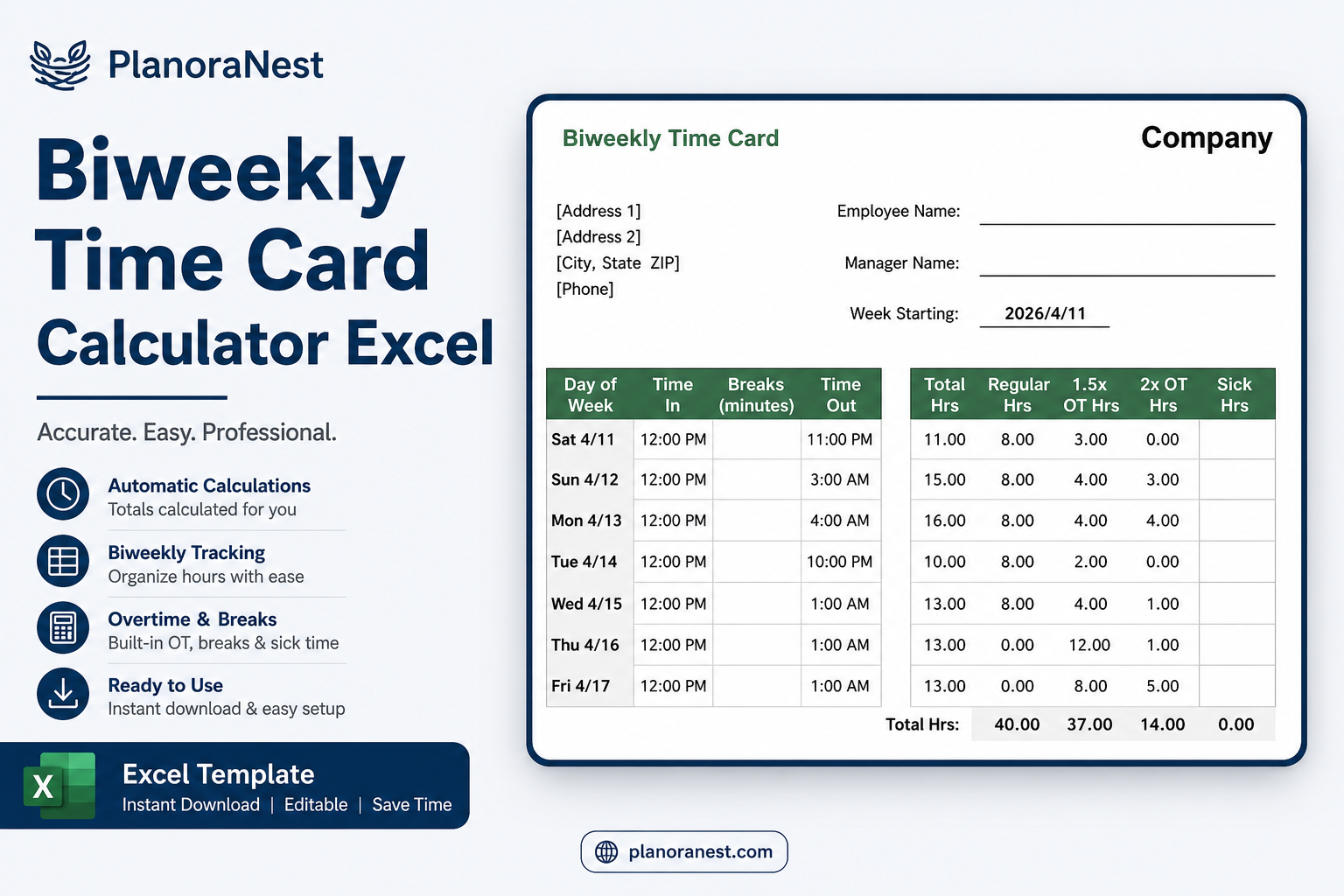 biweekly time card calculator excel cover screenshot — PlanoraNest Excel template