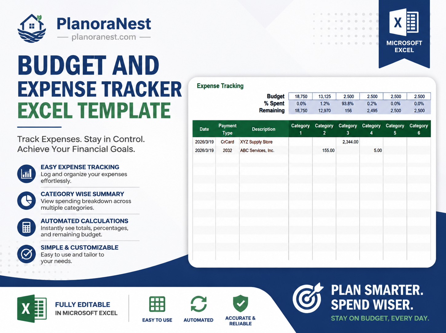 budget and expense tracker excel template cover screenshot — PlanoraNest Excel template