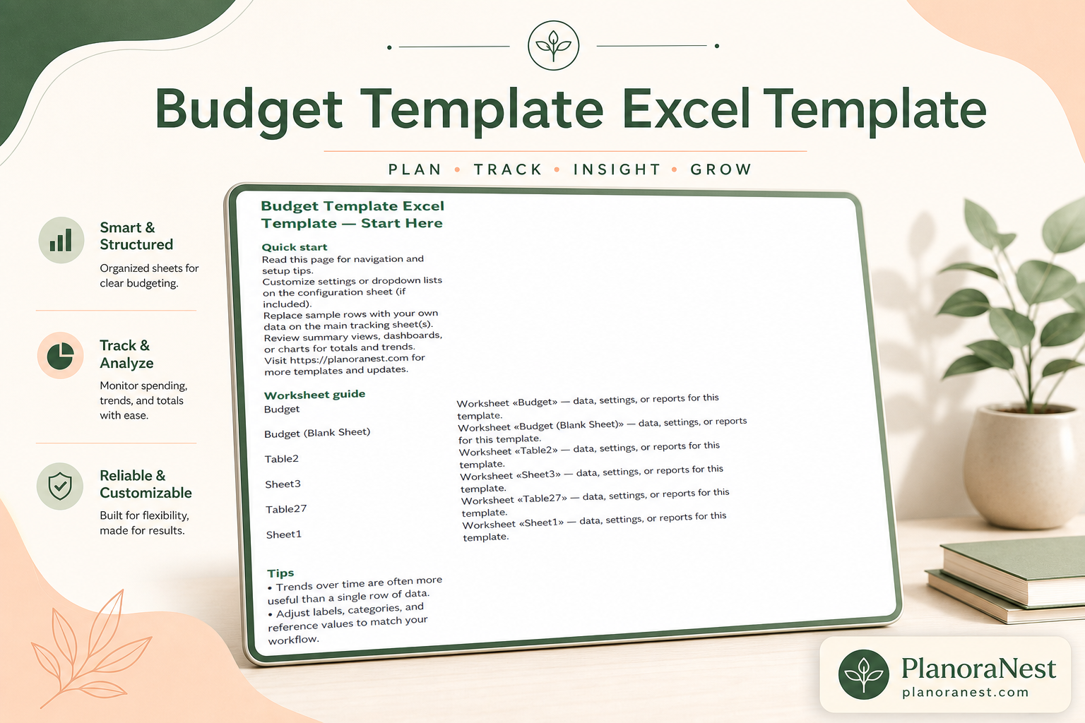 budget template excel template cover screenshot — PlanoraNest Excel template