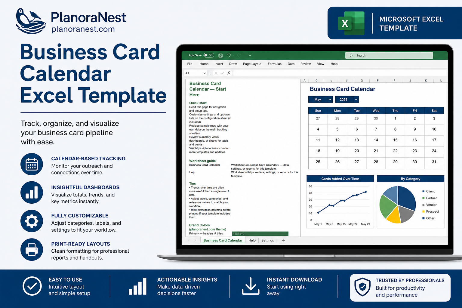 business card calendar excel template cover screenshot — PlanoraNest Excel template