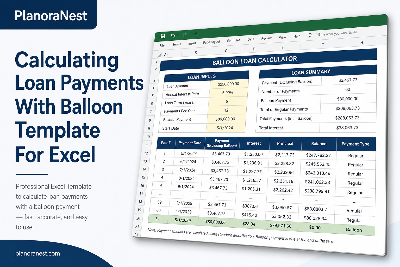 calculating loan payments with balloon template for excel cover screenshot — PlanoraNest Excel template