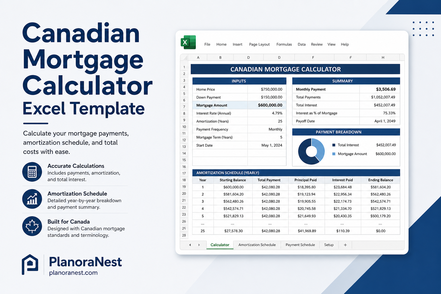 canadian mortgage calculator excel template cover screenshot — PlanoraNest Excel template