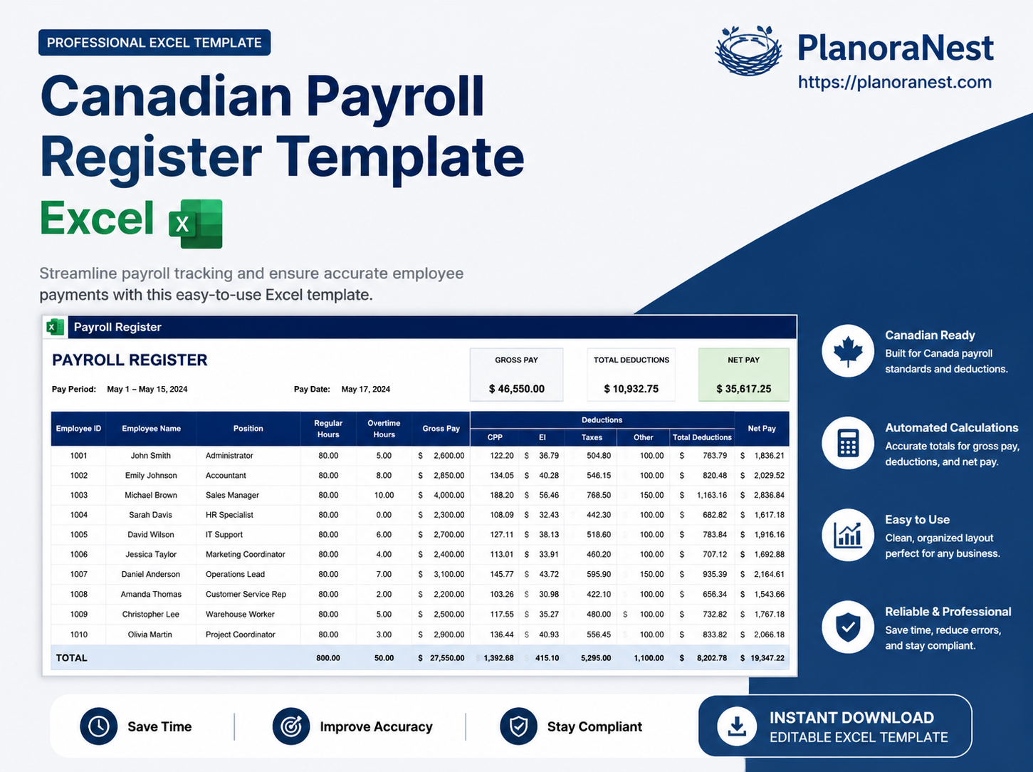 canadian payroll register template excel cover screenshot — PlanoraNest Excel template