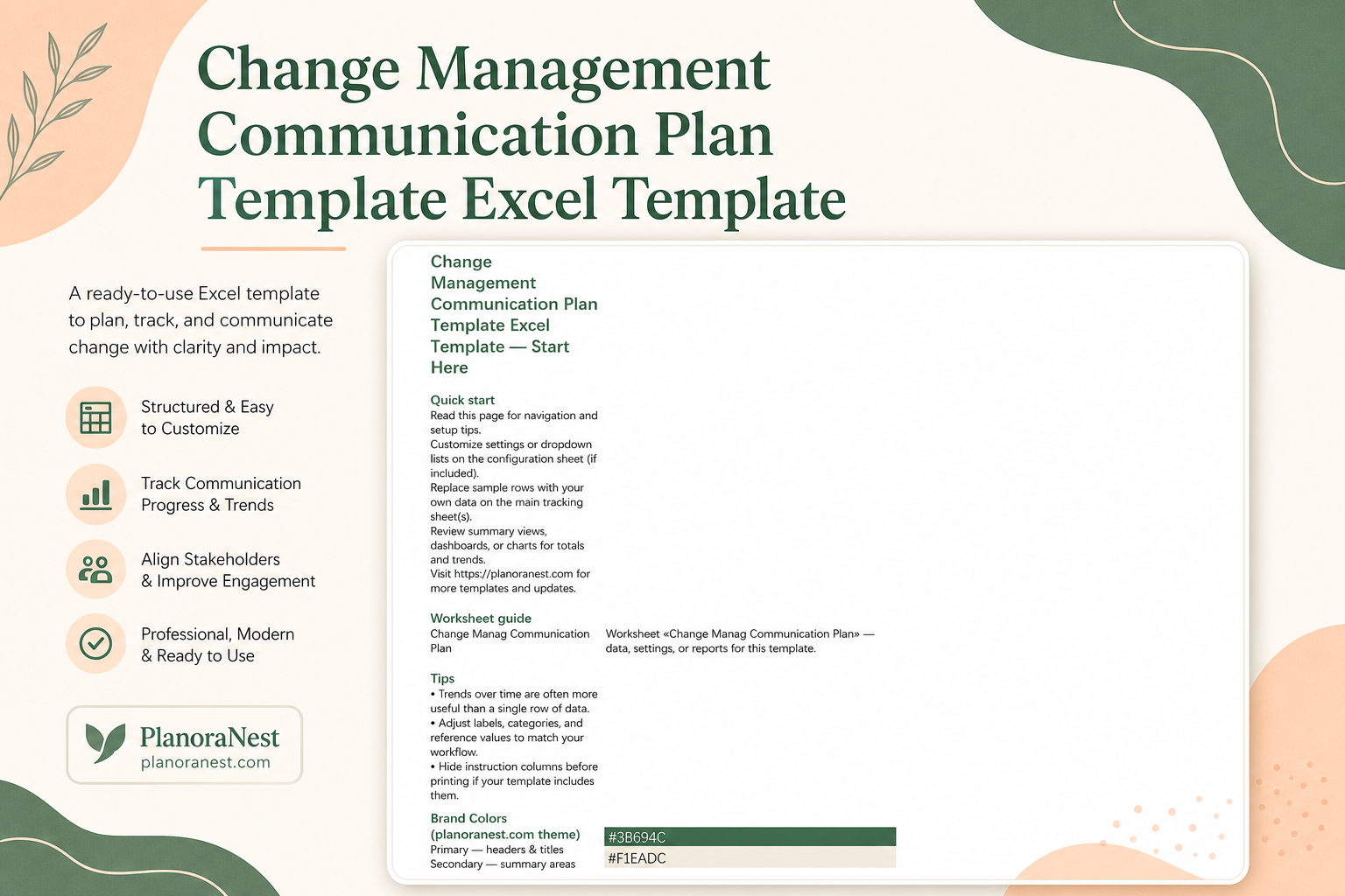 change management communication plan template excel template cover screenshot — PlanoraNest Excel template