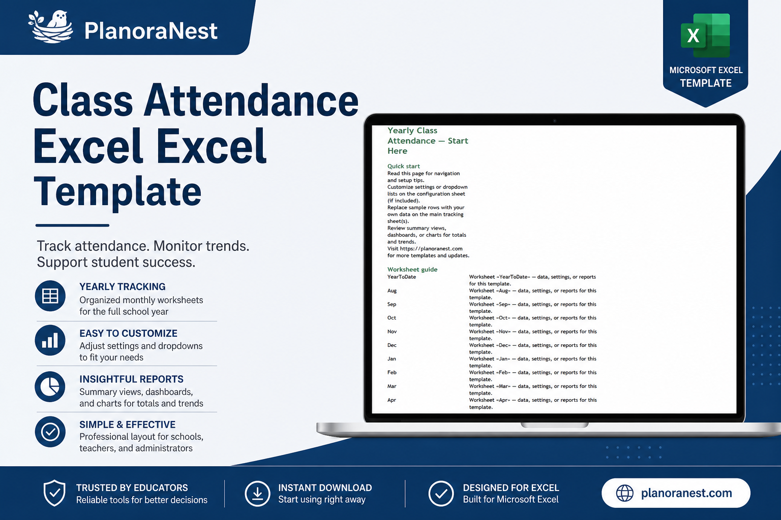 class attendance excel excel template cover screenshot — PlanoraNest Excel template