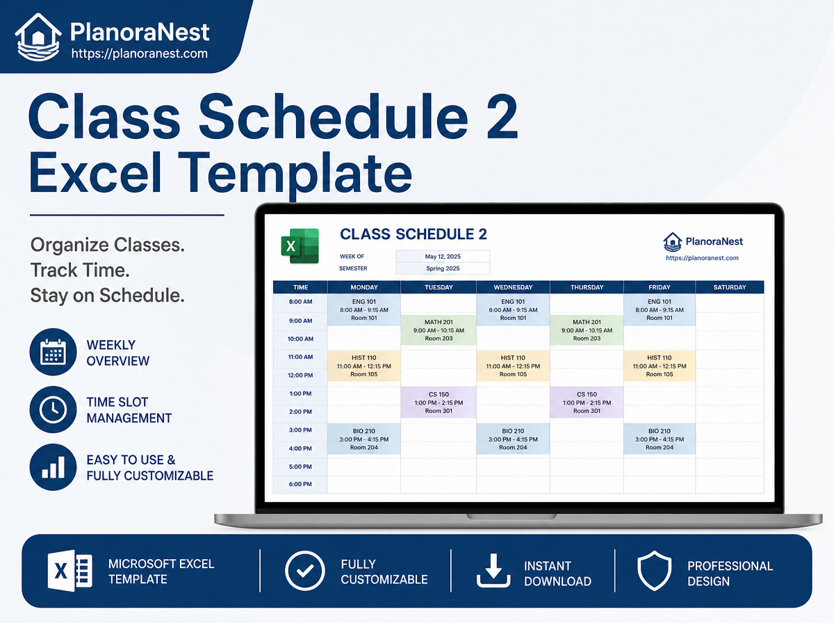 class schedule 2 excel template cover screenshot — PlanoraNest Excel template