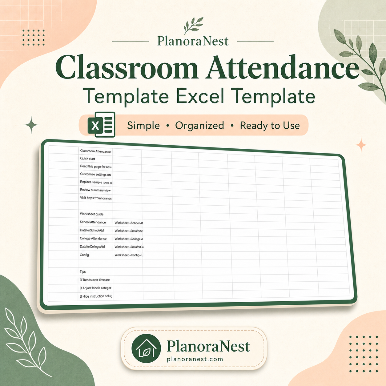 classroom attendance template excel template cover screenshot — PlanoraNest Excel template