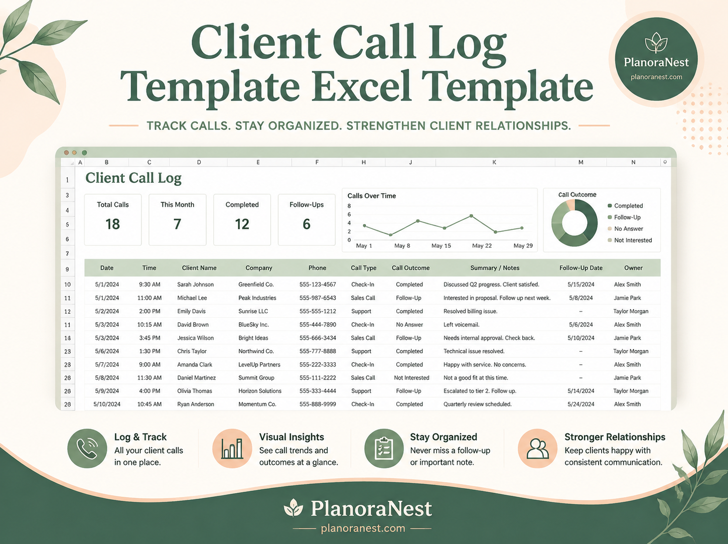 client call log template excel template cover screenshot — PlanoraNest Excel template