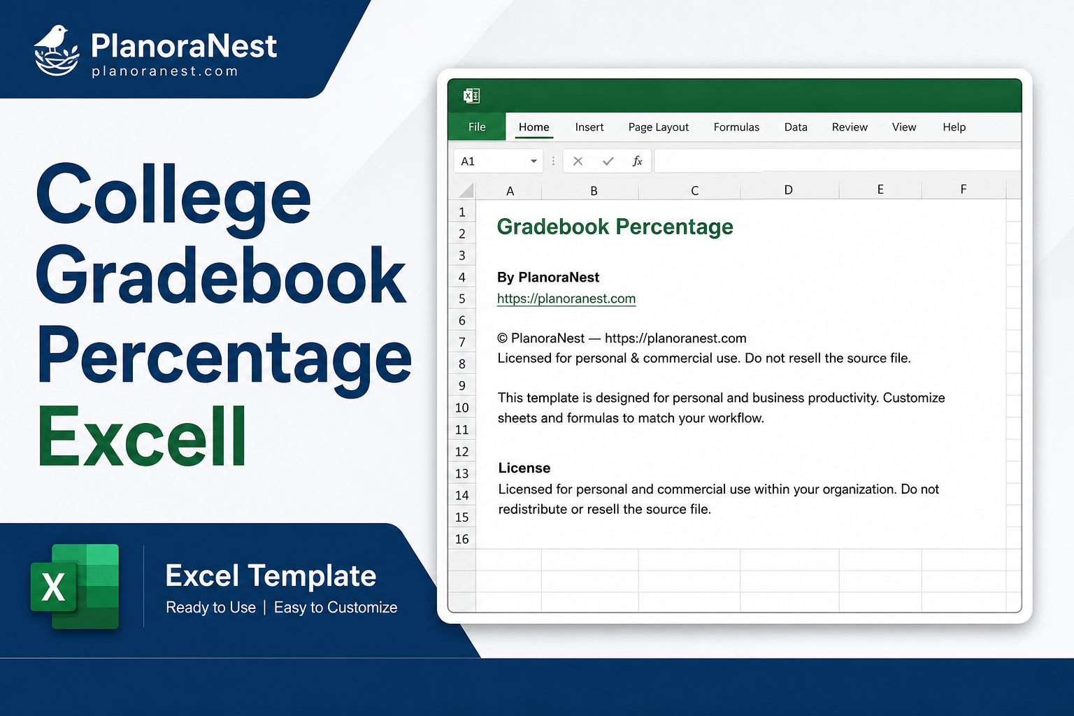 college gradebook percentage excell cover screenshot — PlanoraNest Excel template