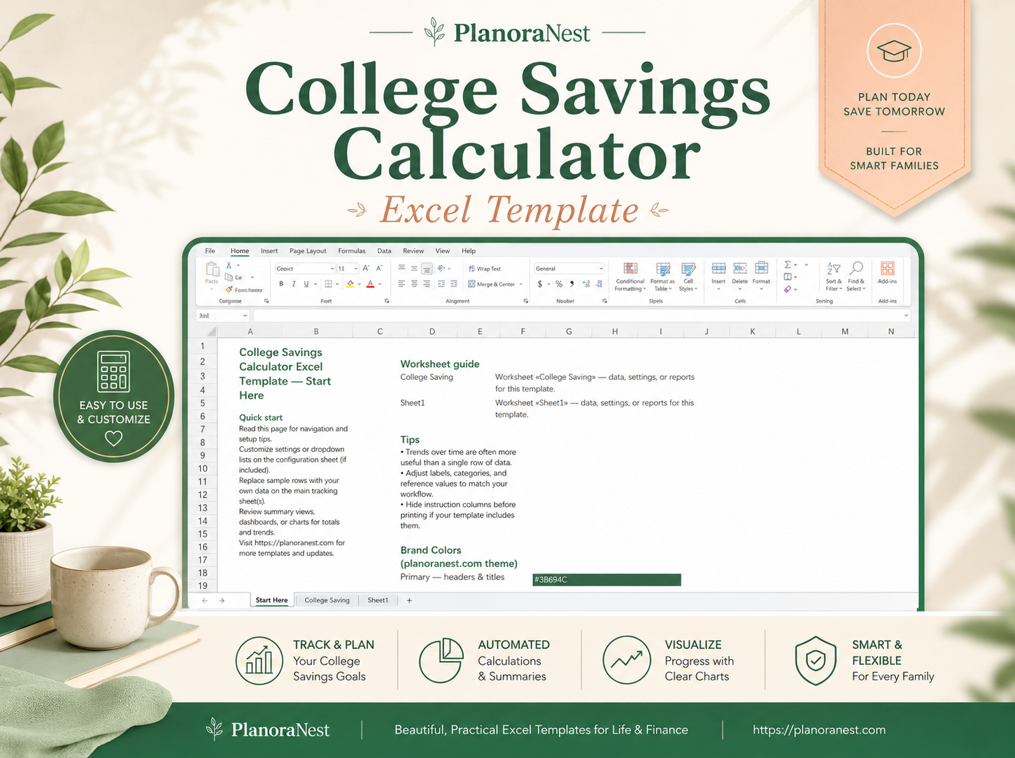 college savings calculator excel template cover screenshot — PlanoraNest Excel template