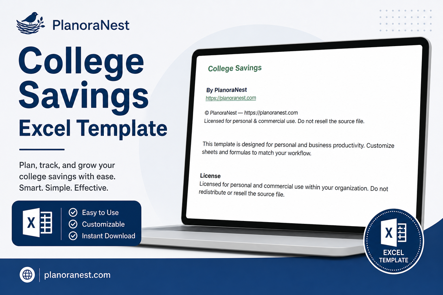 college savings excel template cover screenshot — PlanoraNest Excel template