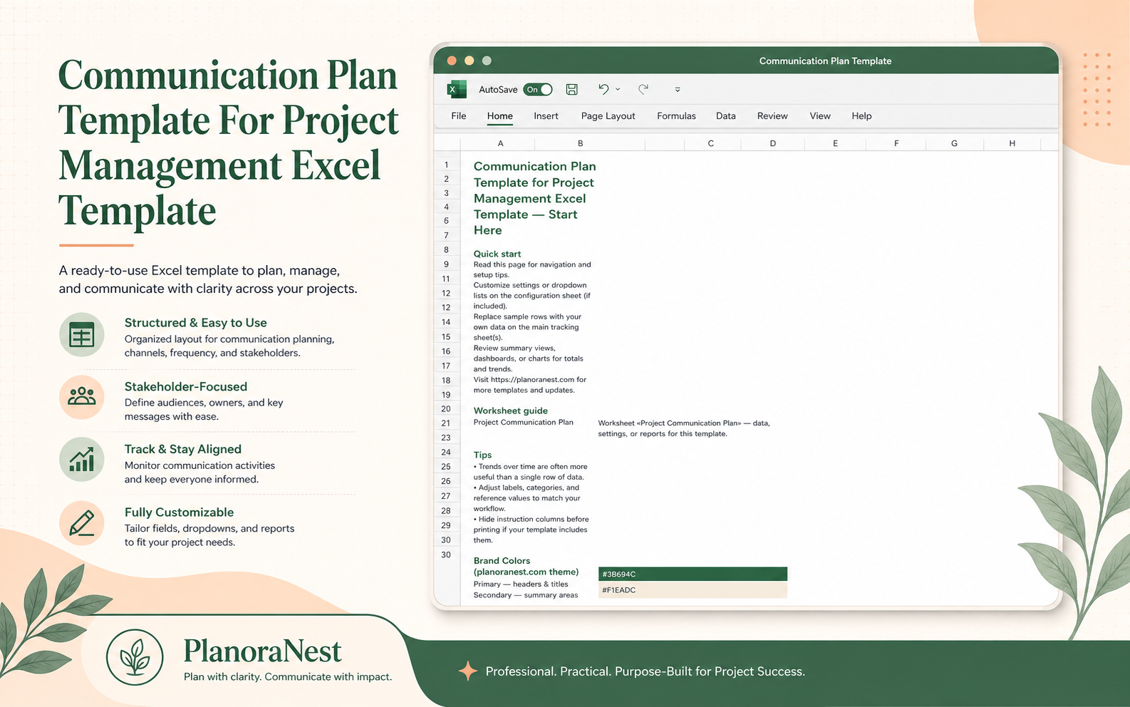 communication plan template for project management excel template cover screenshot — PlanoraNest Excel template