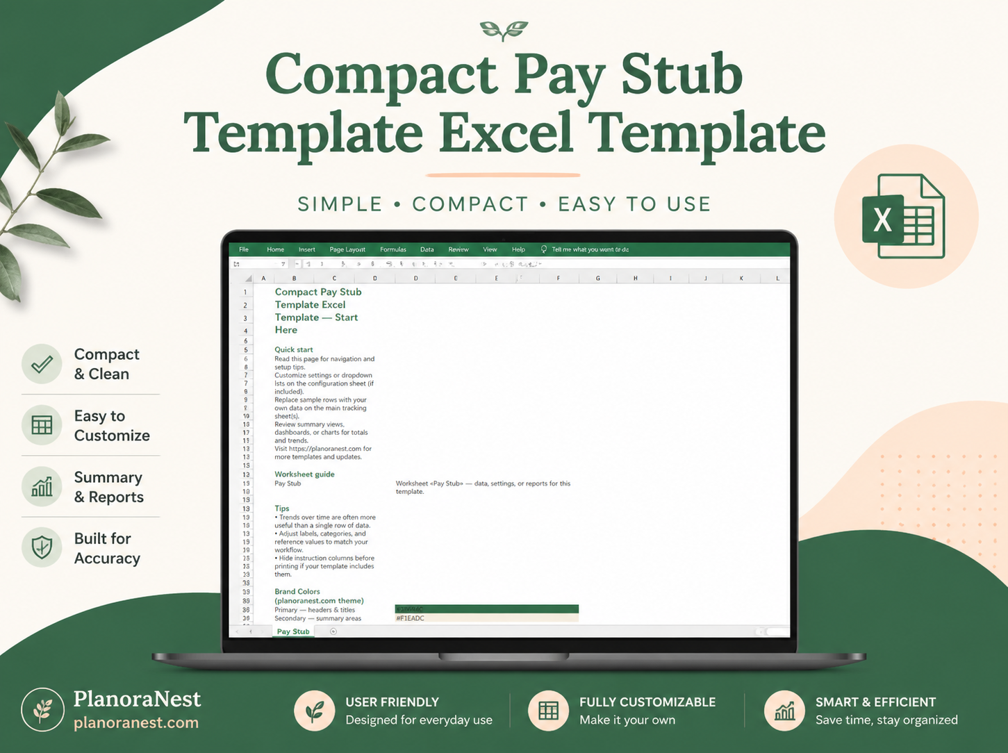 compact pay stub template excel template cover screenshot — PlanoraNest Excel template