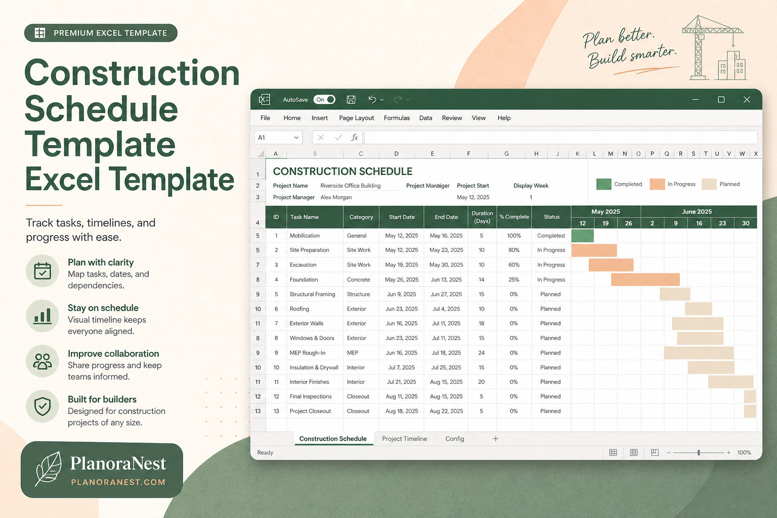 construction schedule template excel template cover screenshot — PlanoraNest Excel template