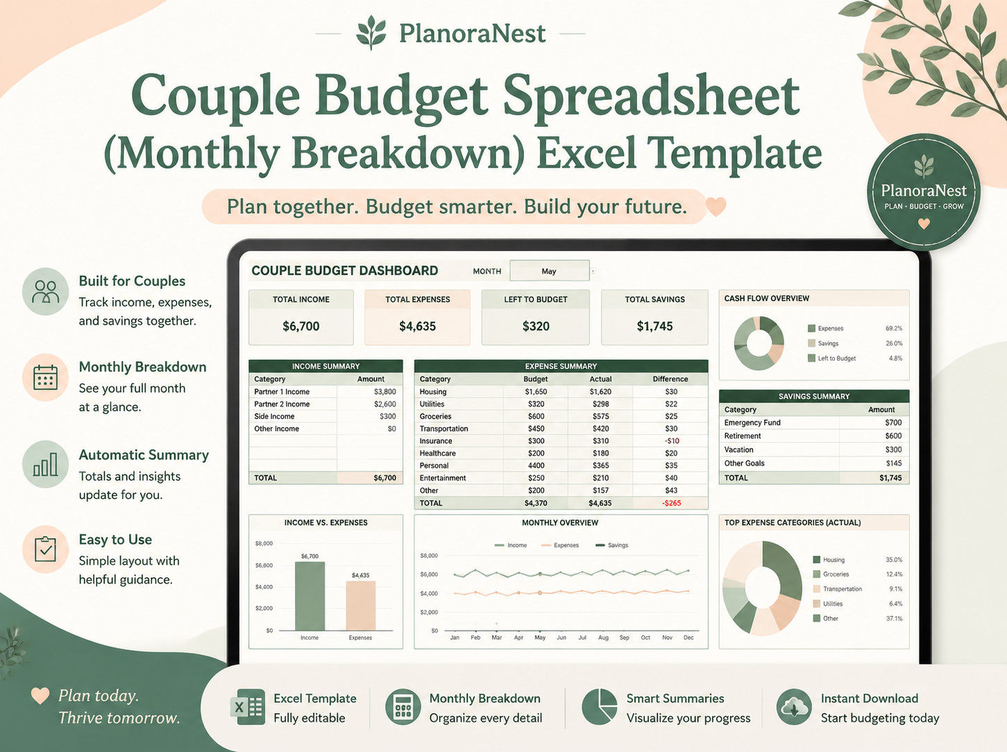 couple budget spreadsheet (monthly breakdown) excel template cover screenshot — PlanoraNest Excel template